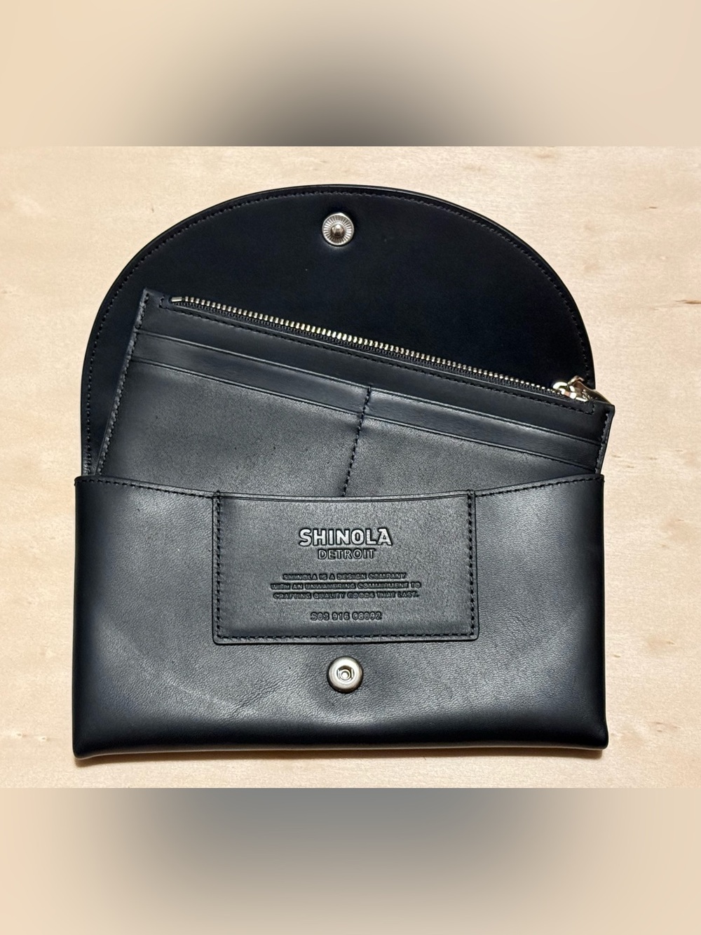 Shinola Black Leather Wallet Clutch with Zip Coin Pouch